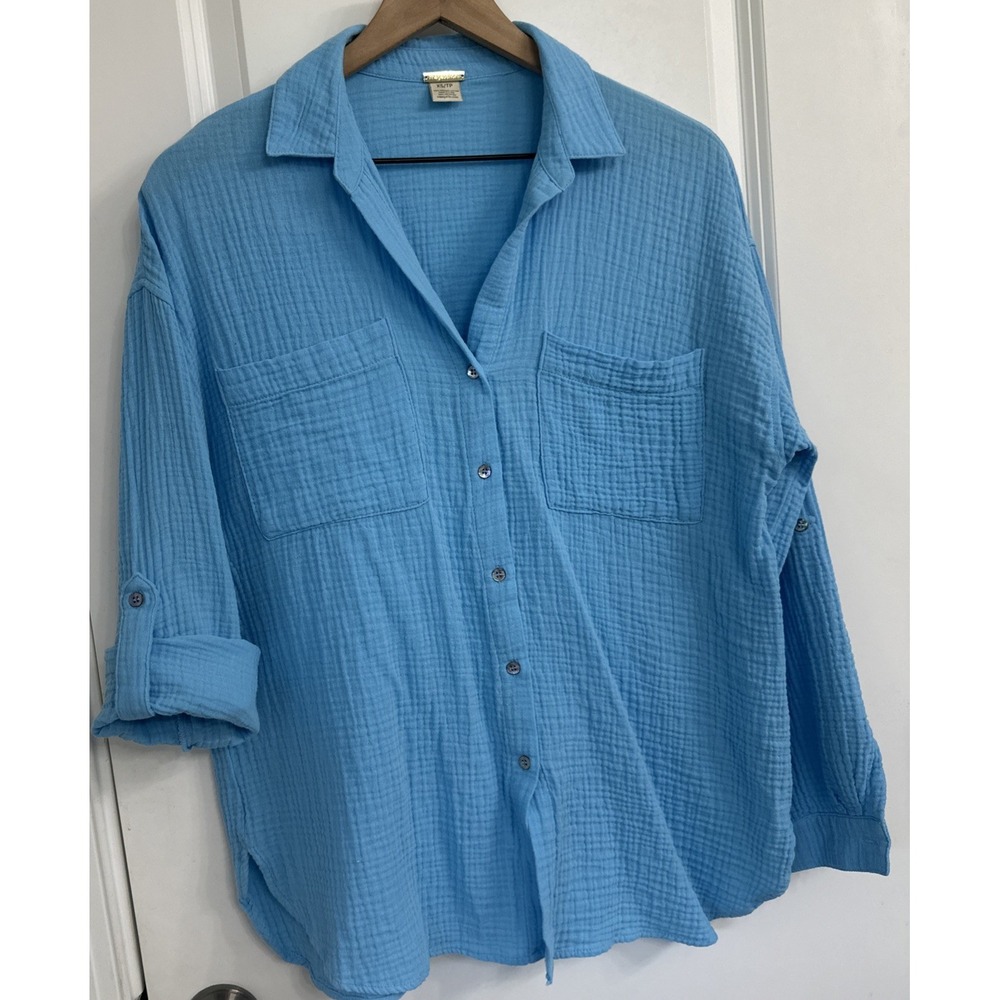 Magaschoni Women Size XS Organic Cotton Gauze Button-Down Shirt Vibrant Sky Blue